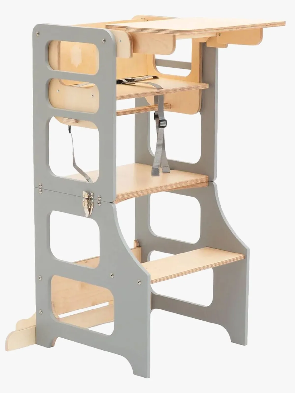 Børnemøbler|DuckWoodworks Duck Woodworks 3-i-1 Sammenklappeligt Læringstårn med Højstol, Grå
