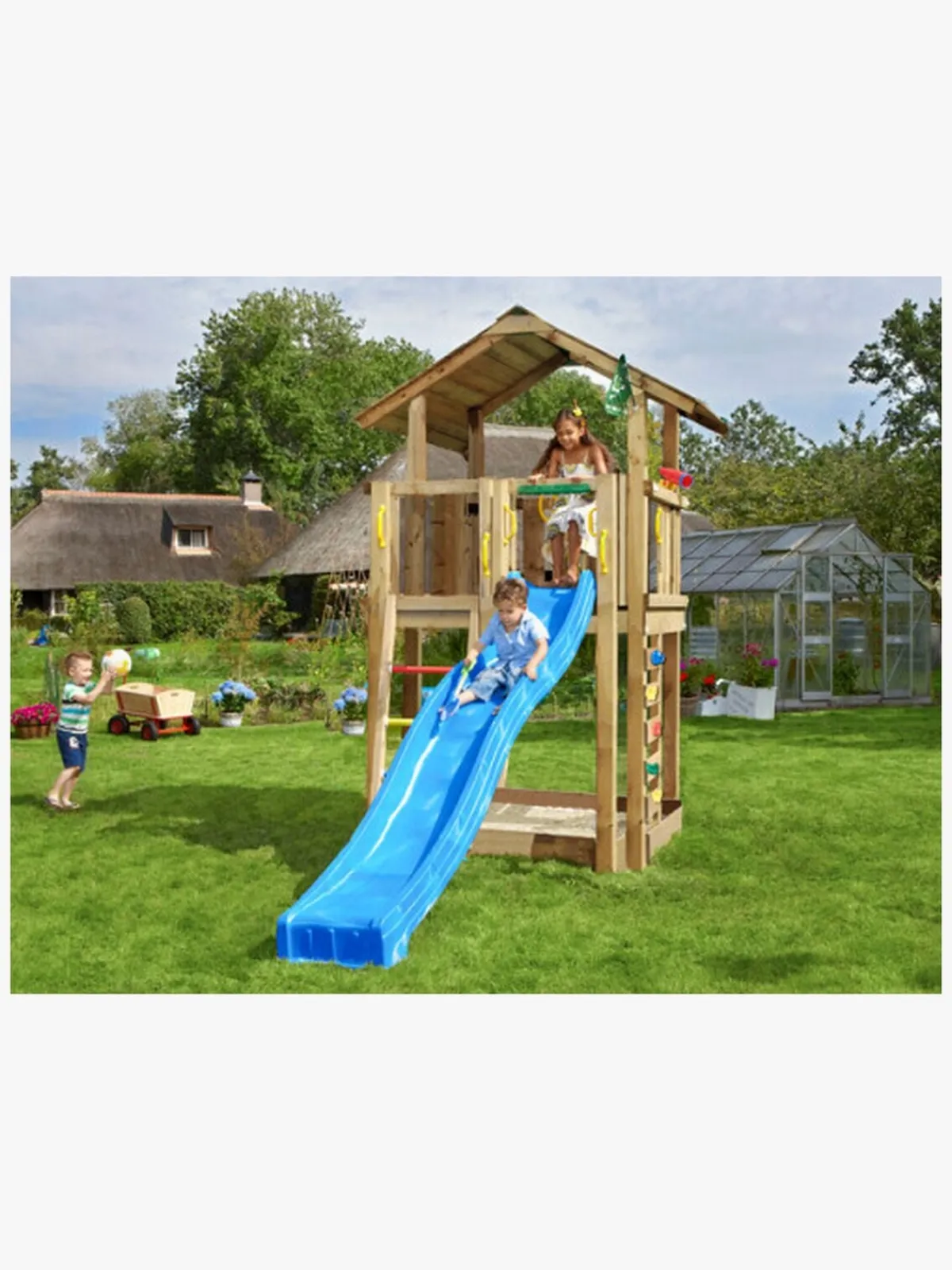 JungleGym Jungle Gym Chalet Legetårn med Blå Rutsjebane