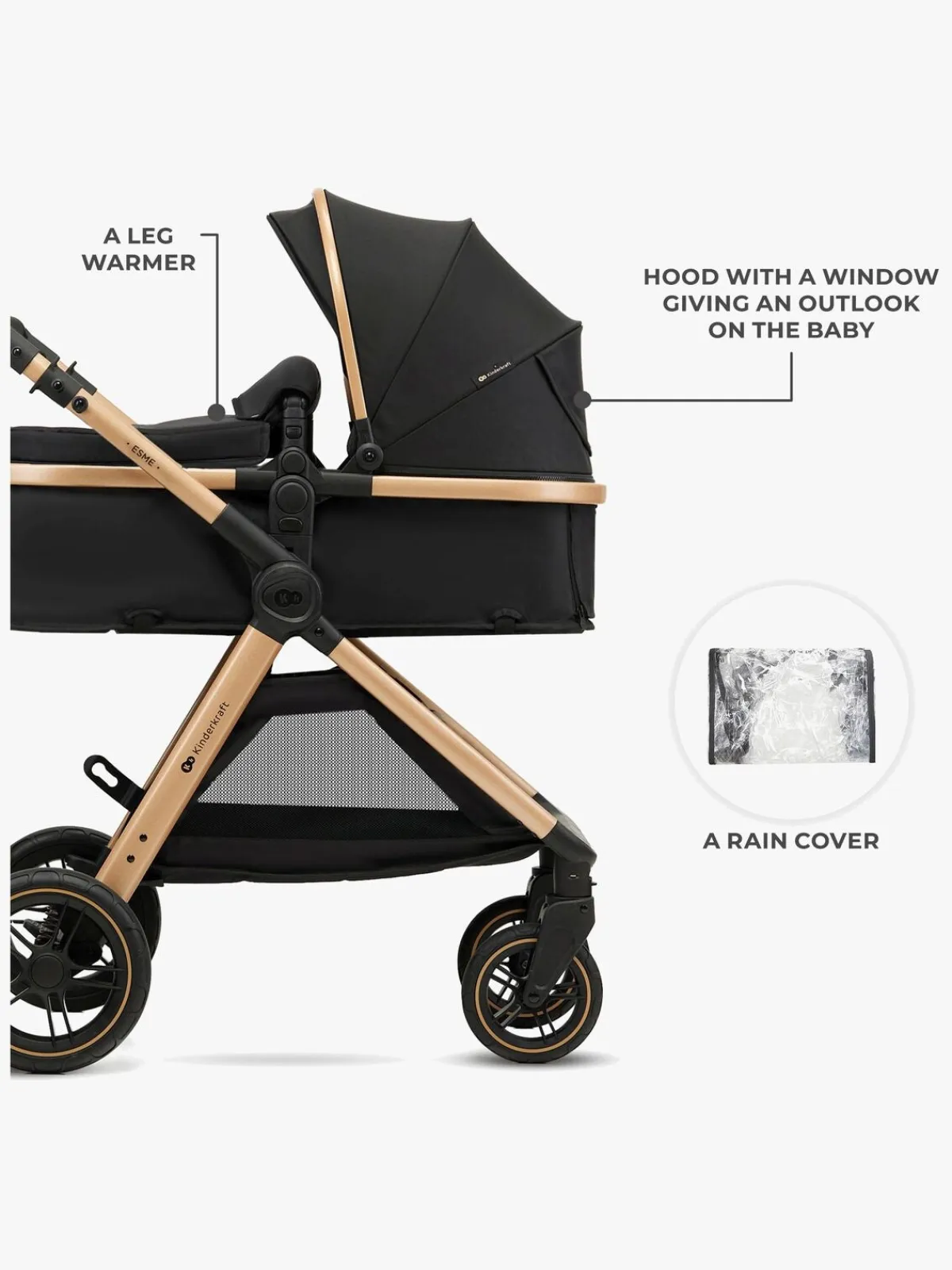 Kinderkraft Duo- & Kombivogne-ESME PRO 3-in-1 Duovogn Travelsystem, Pure Black
