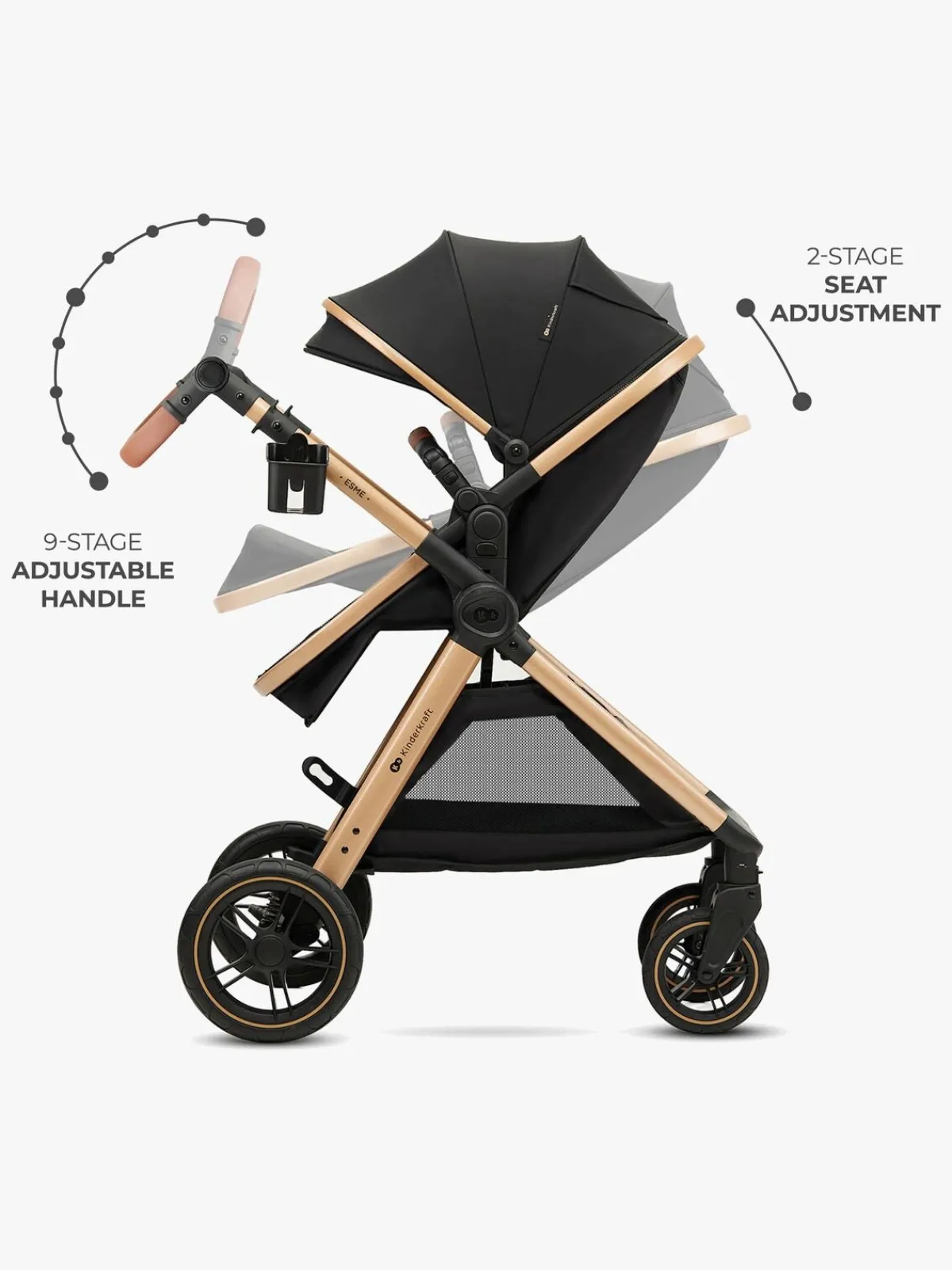 Kinderkraft Duo- & Kombivogne-ESME PRO 3-in-1 Duovogn Travelsystem, Pure Black