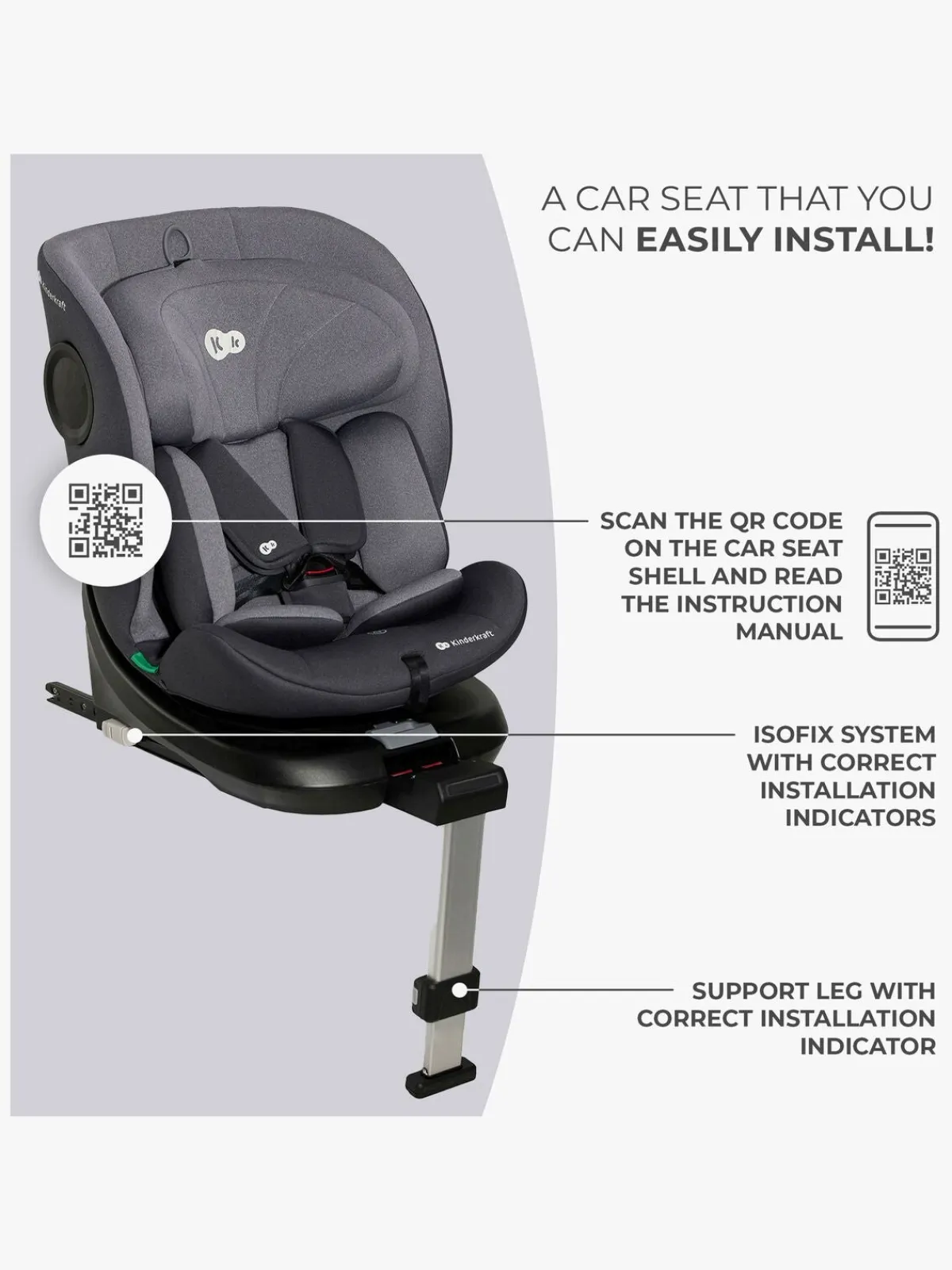 Autostole 9-36 Kg|Kinderkraft I-360 i-Size Autostol, Grey Grå
