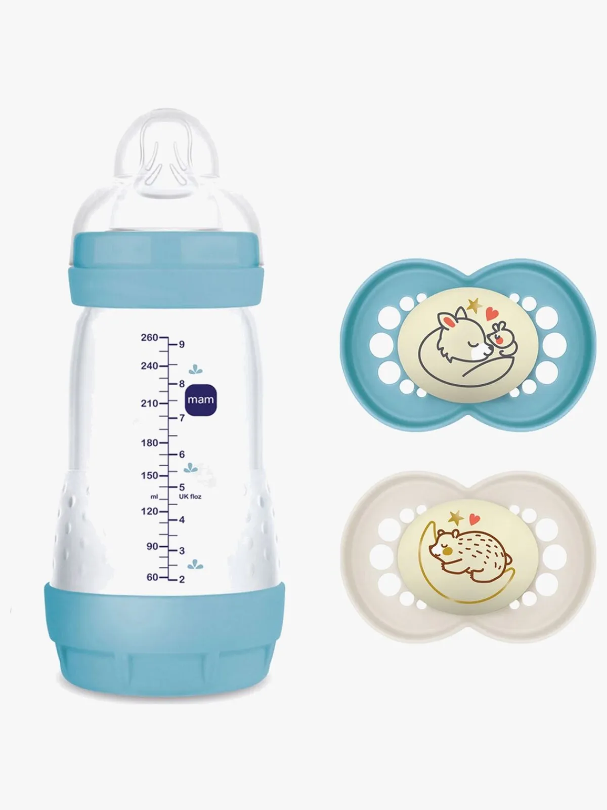 MAM Spisetid-Original Night Silikone Sutter 2-pak & Easy Start Sutteflaske Anti-kolik 260 ml, Blå