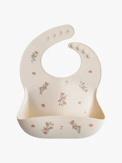 Spisetid|Mushie Hagesmæk Silikone, Pink Flowers Hvid/Lyserød