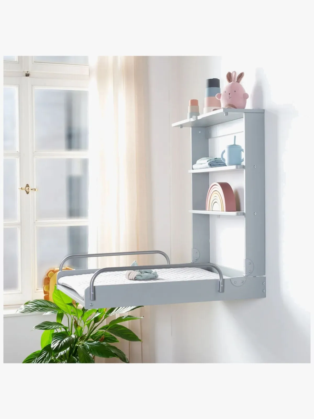 Roba Pusleborde-Væghængt Puslebord & Puslepude, Taupe Lacquered/Silver Grey